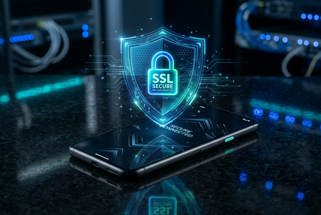 Smartfon z cyfrową tarczą symbolizującą bezpieczne połączenie SSL.