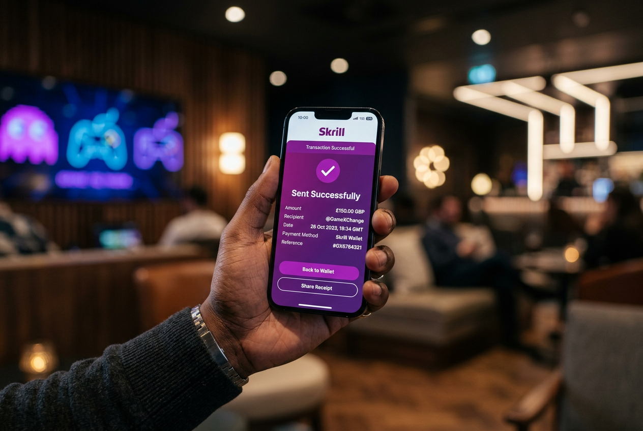 A smartphone displaying the Skrill wallet application for fast casino deposits.
