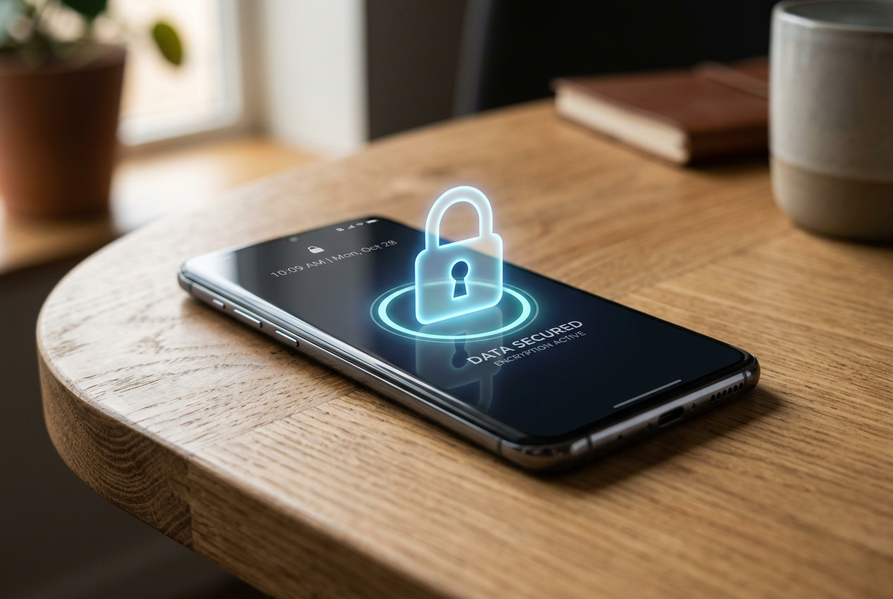 A close-up of a smartphone screen with a padlock icon symbolizing digital security.