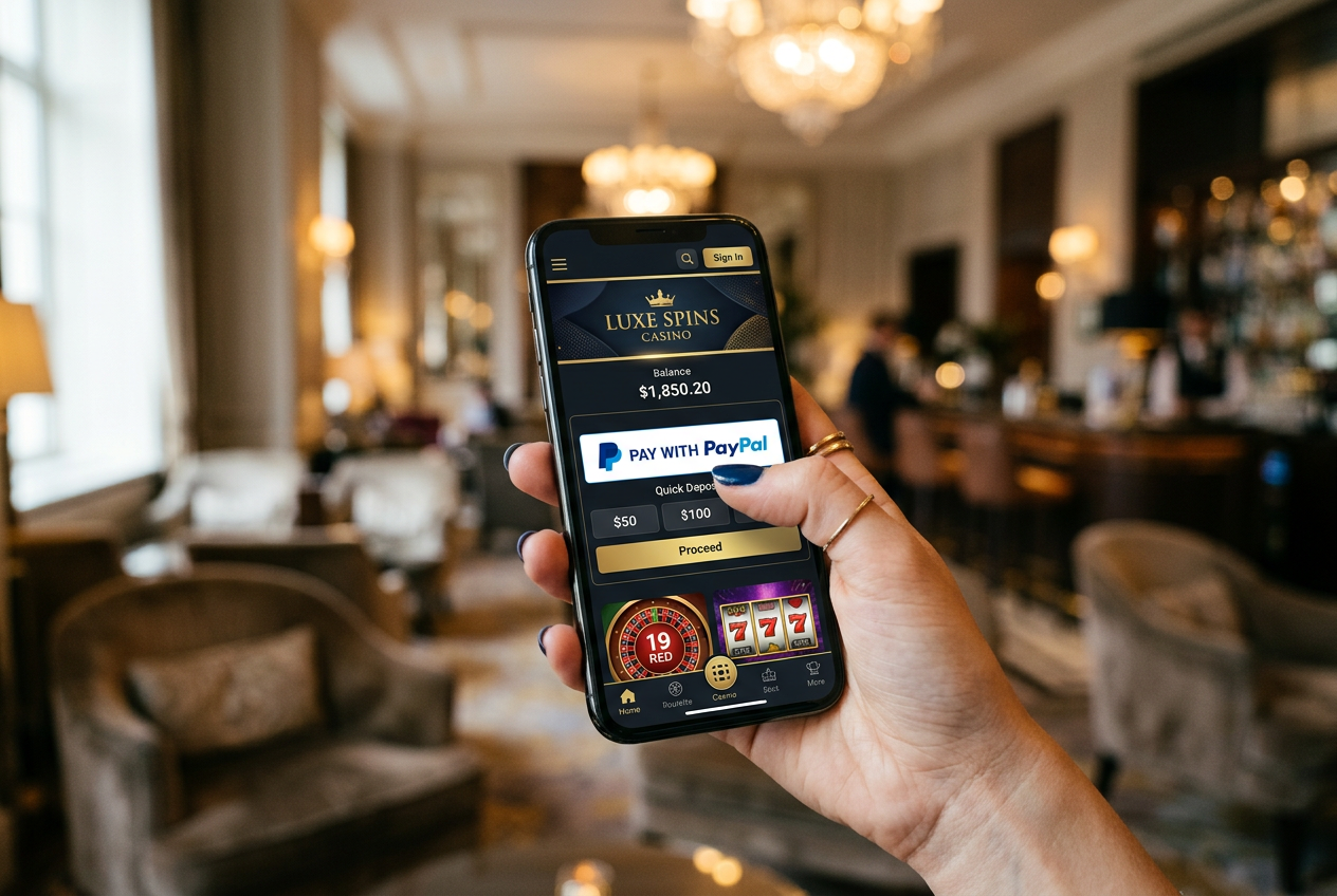 Elegancki smartfon z aplikacją kasynową i logiem PayPal w nowoczesnym otoczeniu