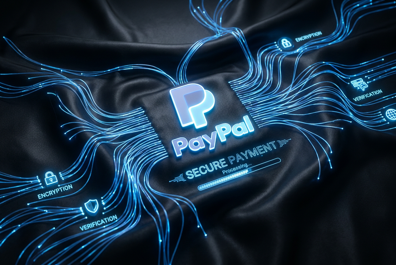 Luksusowa wizualizacja bezpiecznych płatności PayPal w formie świetlistych włókien