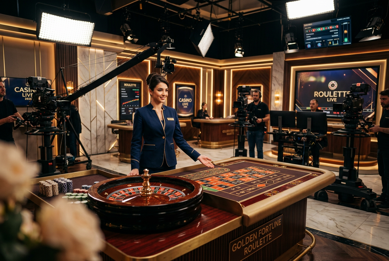 Eleganckie studio kasyna na żywo z profesjonalnym krupierem i stołem do ruletki